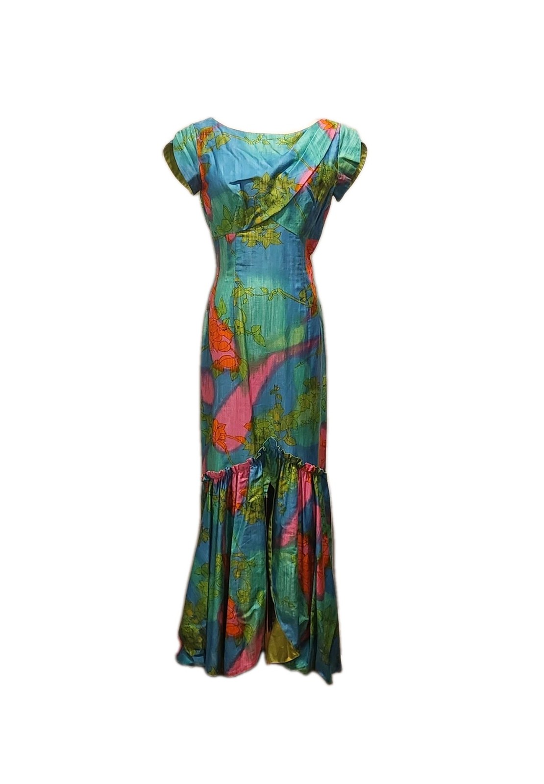 Vintage Hawaiian Togs Floral Print Mermaid Fishtail Hem 60s Maxi Gown Dress 10