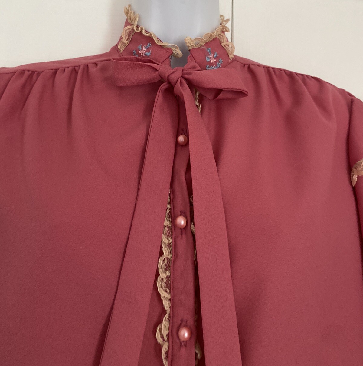 Vintage Top Blouse Pearlette Prairie Cottagecore Sleeve Mauve Pink Tie Small