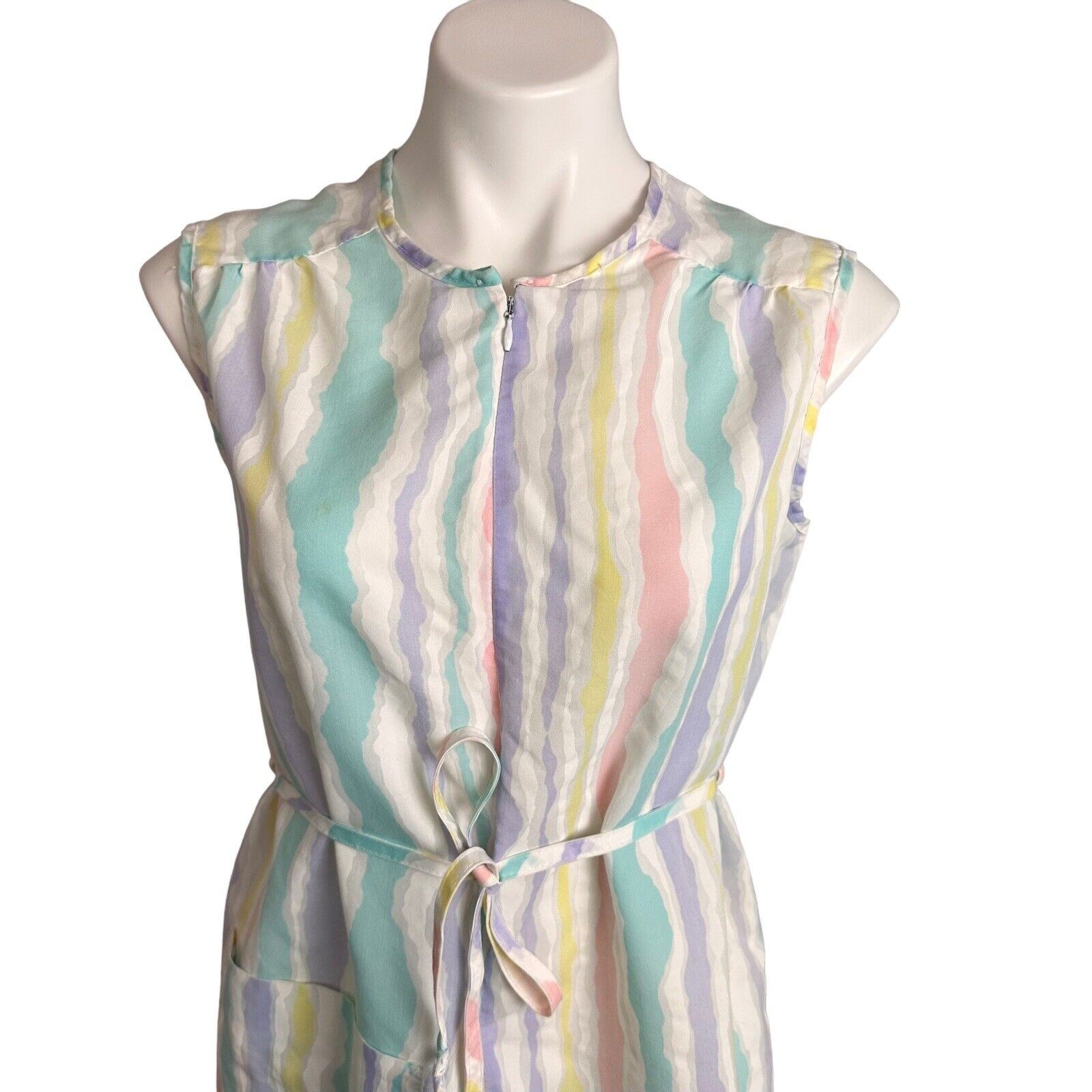 Smart Time House Coat Day Dress Multicolor Striped Half Zip Front Belt Vtg Sz S