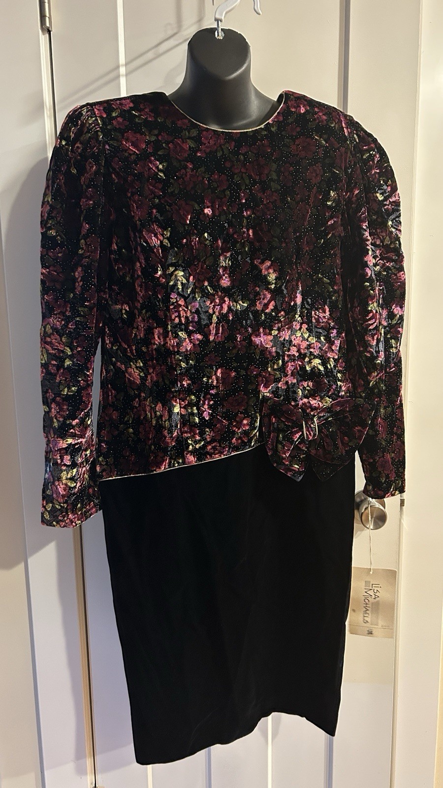 NWT Vintage 80s Lisa Michaels Floral Velvet Sheath Dress Metallic Stardust Sz 14