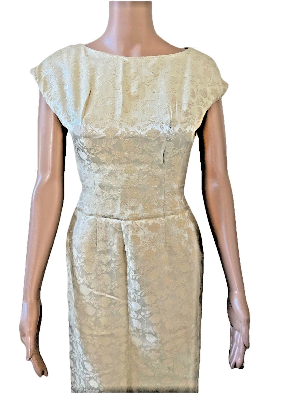 VTG 50s 2 Pc Fur Collar Crop Jacket & Ivory Damask Pencil Dress Suit Set Small**