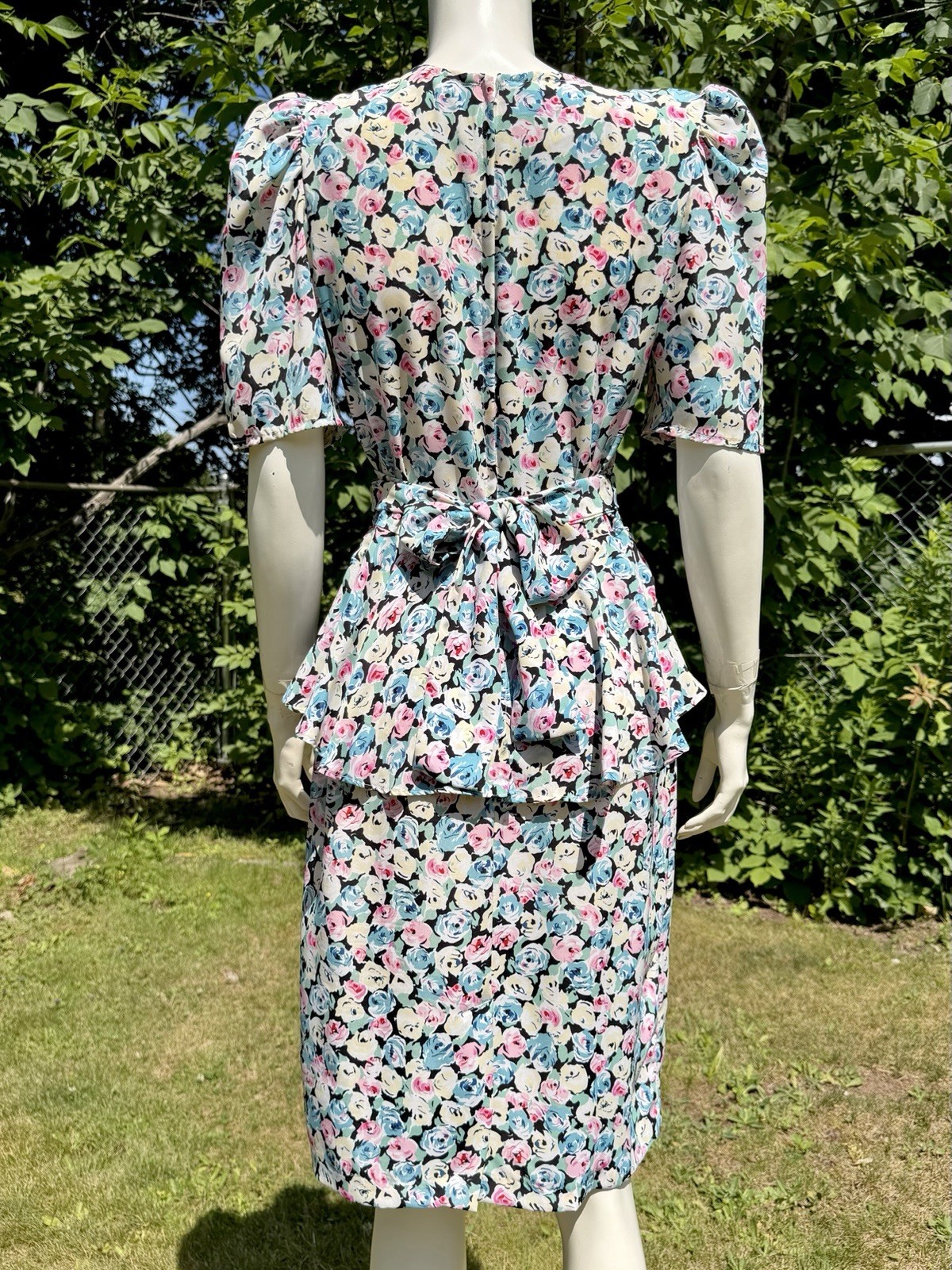Vintage 1980s does 1930s PEPLUM Wiggle Dress Puffed Sleeves Floral ‘By Choice’