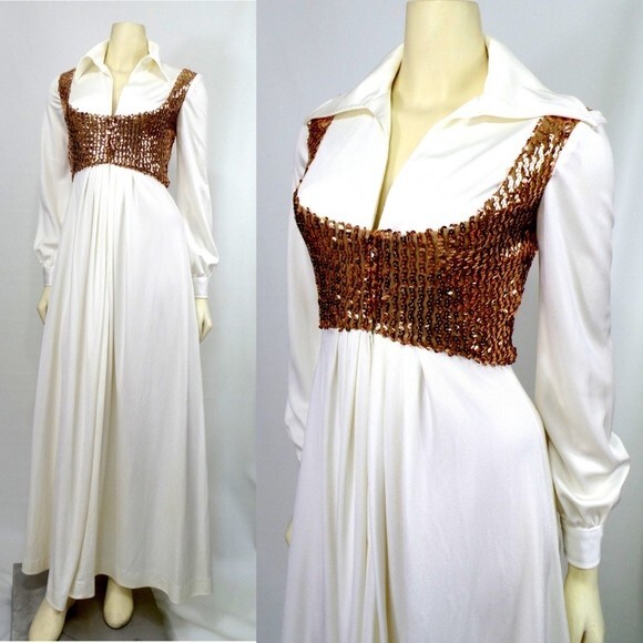Vintage 1970&rsquo;s Gold Sequin White Maxi Elvis Dress Retro Boho Small