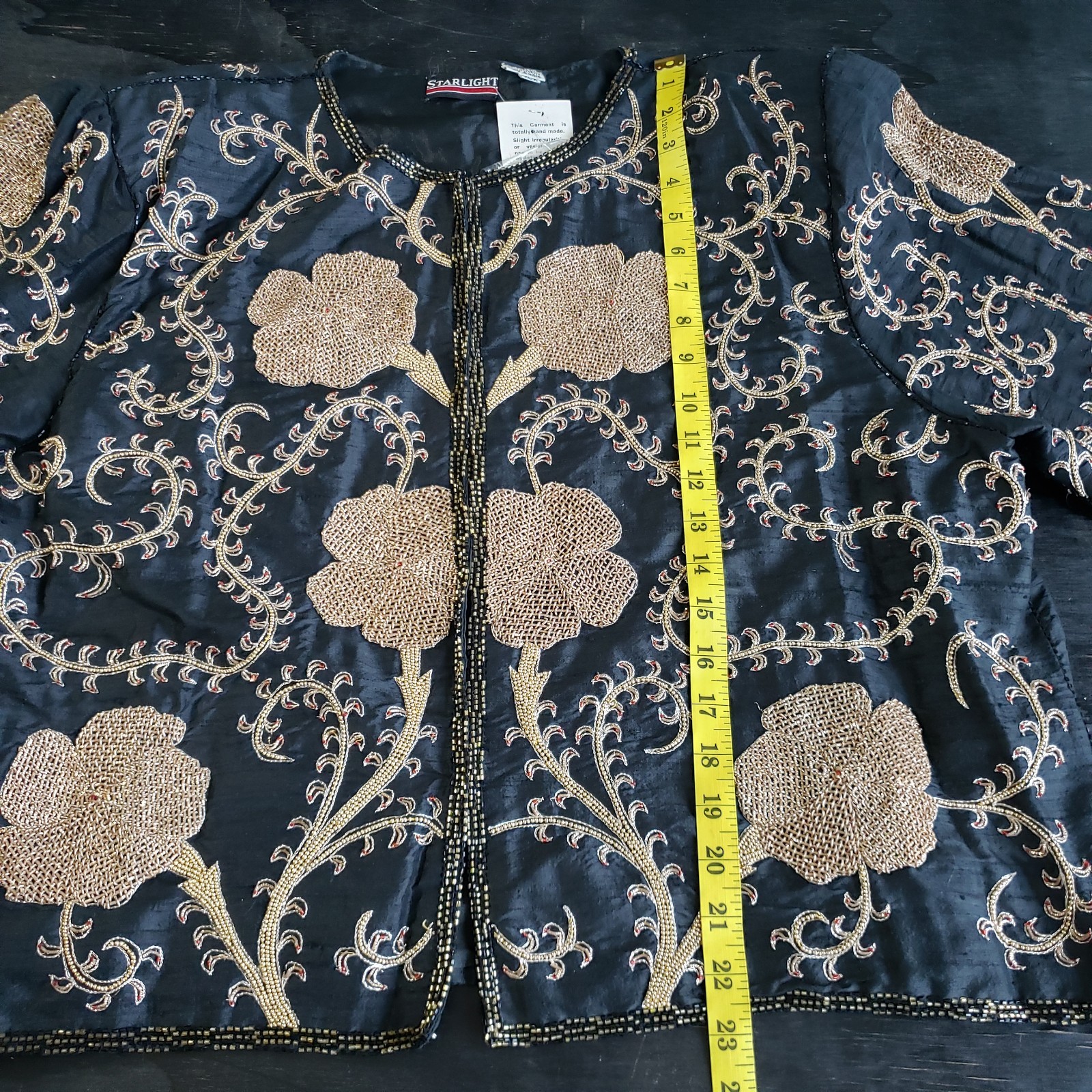 Vintage Starlight Evening Jacket XXL Black Silk Gold Beading Embroidery Handmade