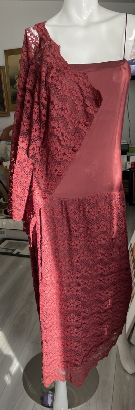 JOSEPH MAGNIN Vtg 70s Burgundy Lace Dress BlazerBust 34 XS/S 2 Piece