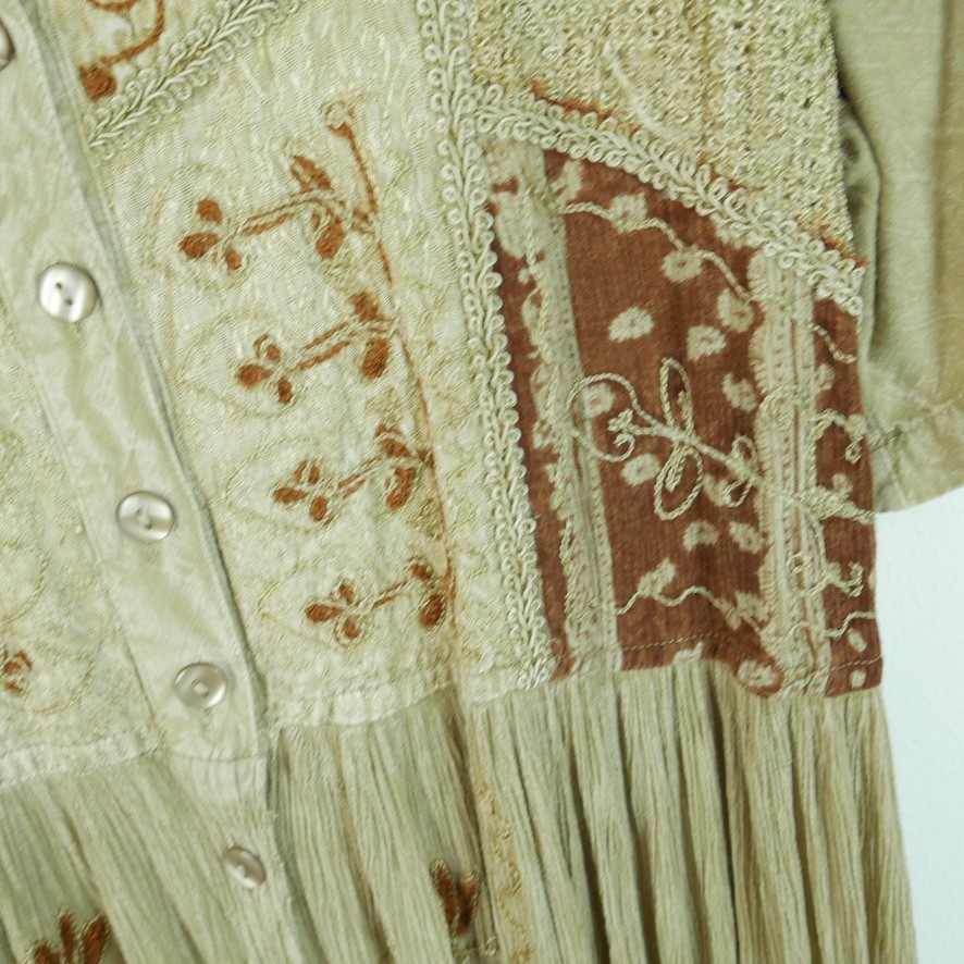 Vintage 90s XL Maxi Dress Embroidered Crinkle Festival Grunge Renaissance Button