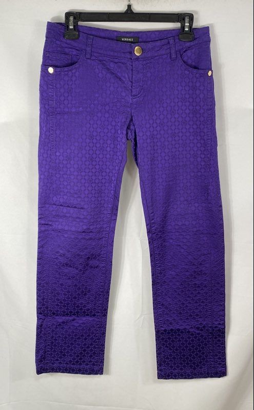 Vintage 90s Versace Women&rsquo;s Purple Jacquard Logo Low Rise Pants Made in Italy 28