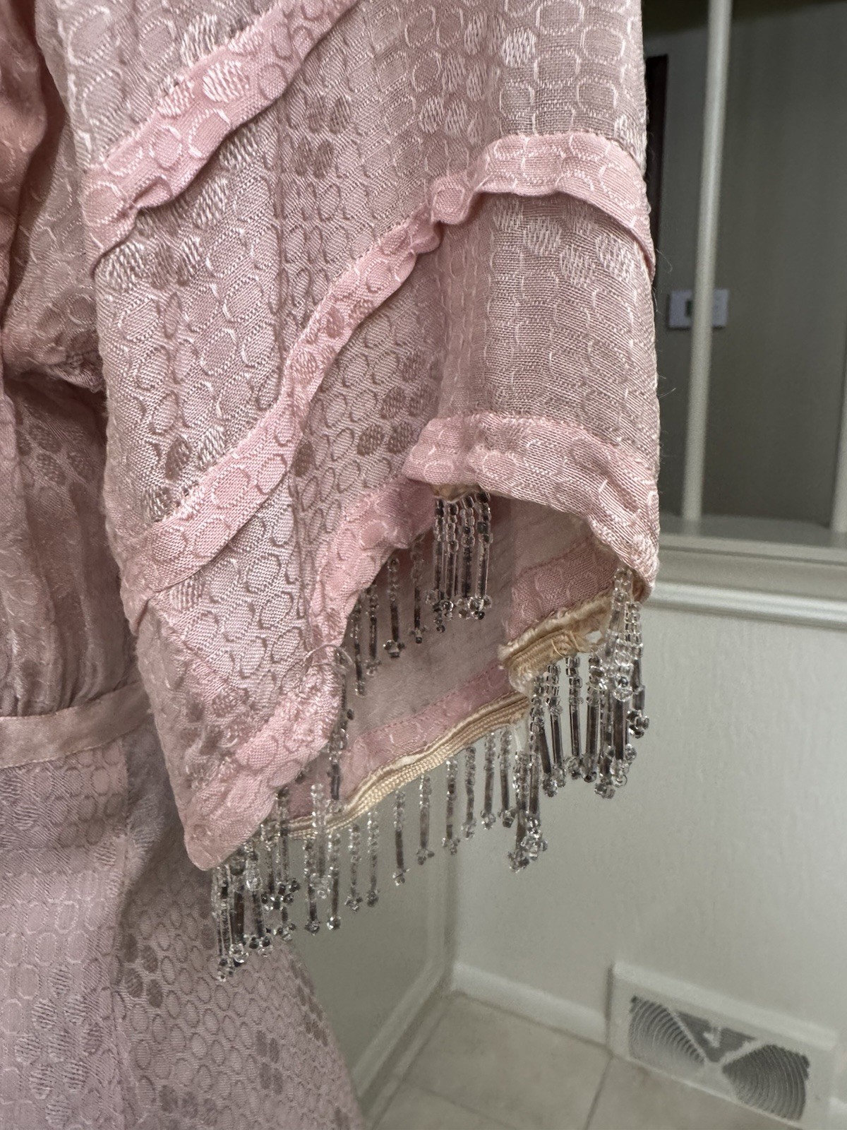 Vintage 1920s Pink Silk Jacquard Flapper Dress Soutache Bugle Bead Fringe Deco
