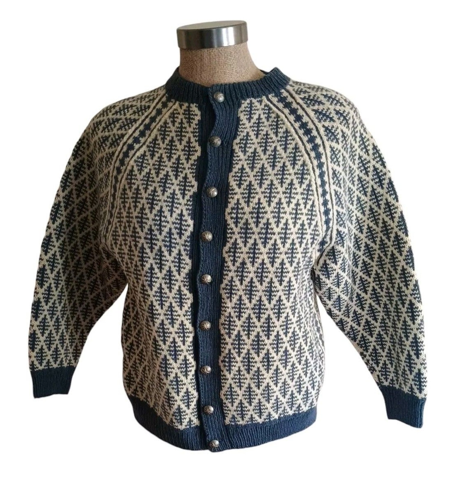 Vintage Denmark Hand Knit Wool Sweater Unisex Sz Sm-Med Blue/Cream