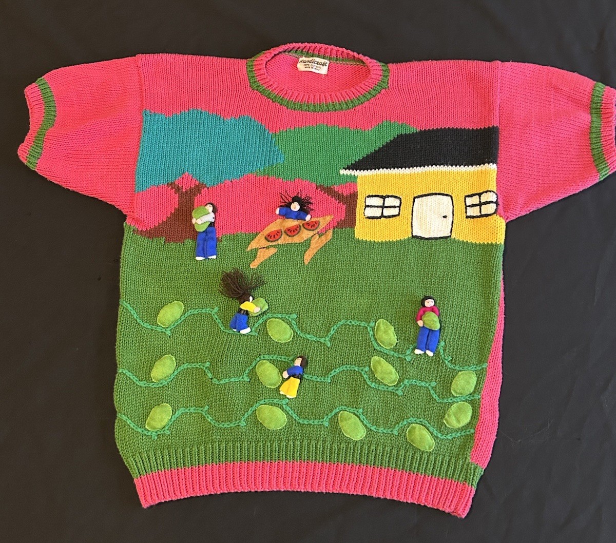 VTG 80&rsquo;s PICKING WATERMELON HANDMADE PERUVIAN EMBELLISHED NOVELTY SWEATER S-LG