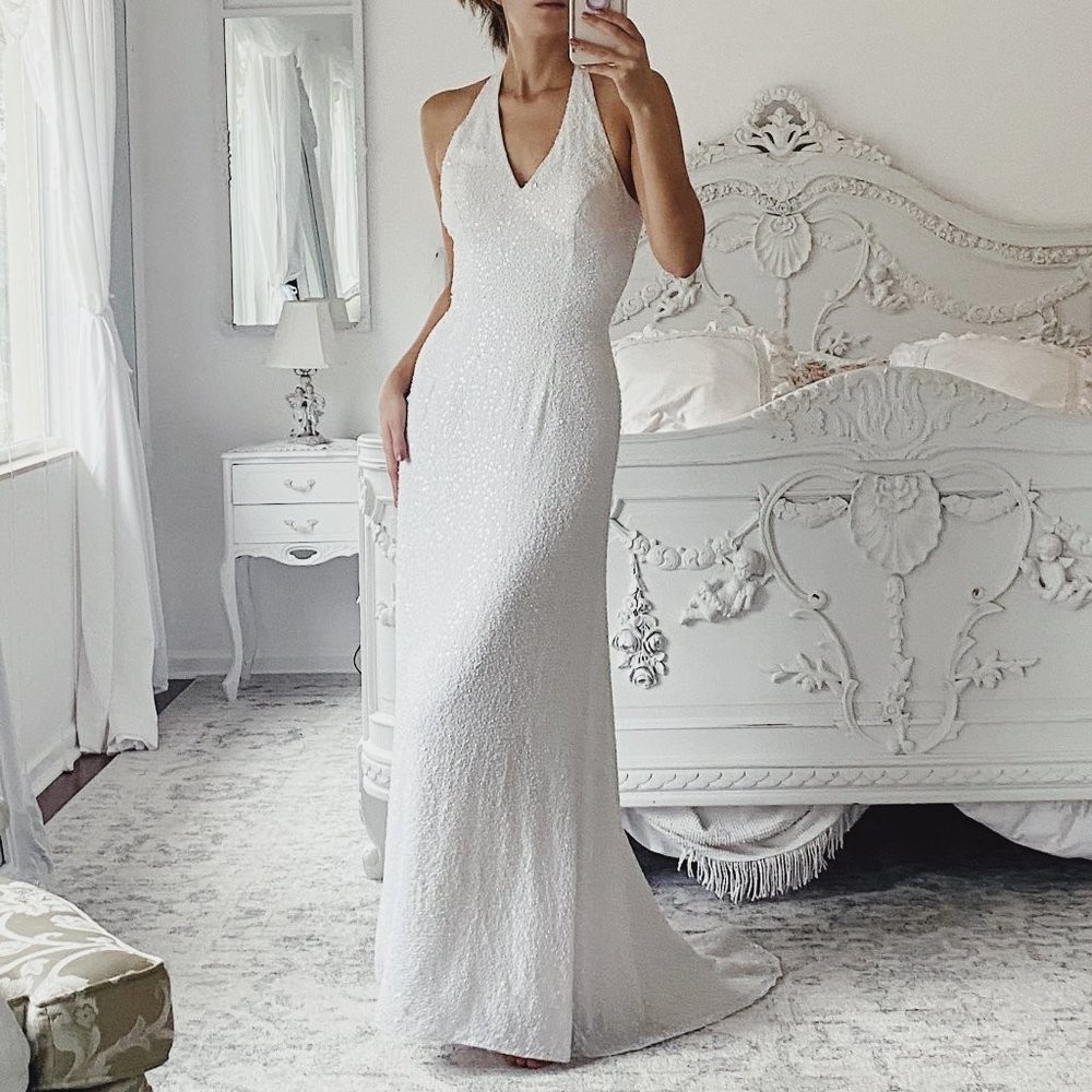 Vintage Alfred Angelo Sequin Halter Floor Length Wedding NYE Vegas Gown