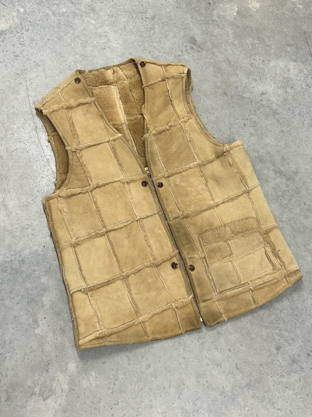 Vintage 60s 70s Shearling Patchwork Vest Talon Zipper Adult 20.5x27in