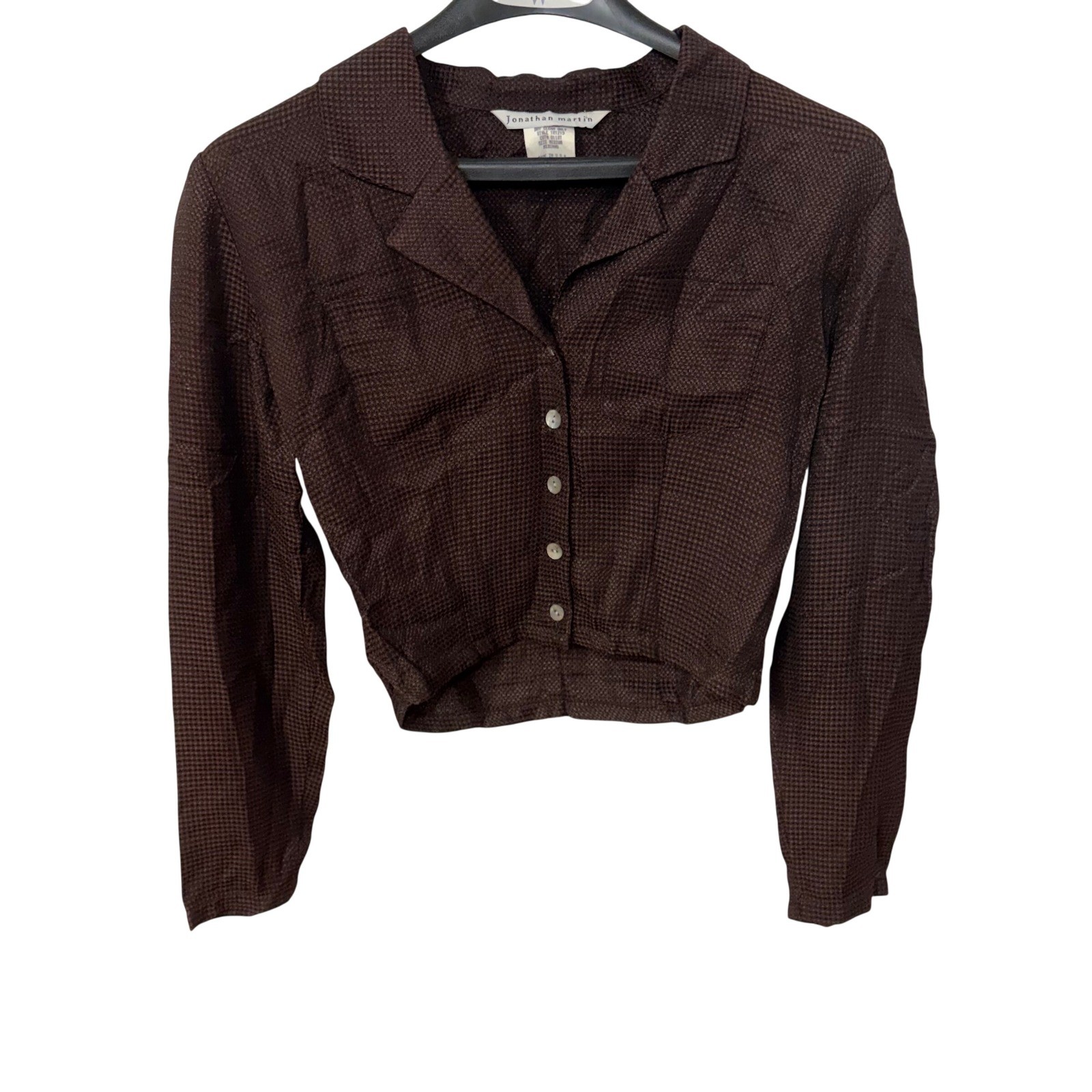 90s Jonathan Martin Brown Cropped Button Up Blouse Indie Sleeze Womens M USA