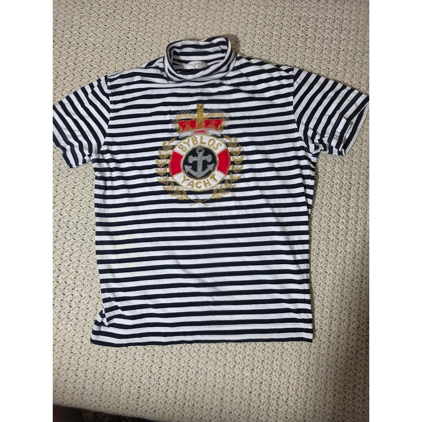 Byblos Yacht Top Womens XL Navy White Striped Good Vintage Mock Neck Italy Crest