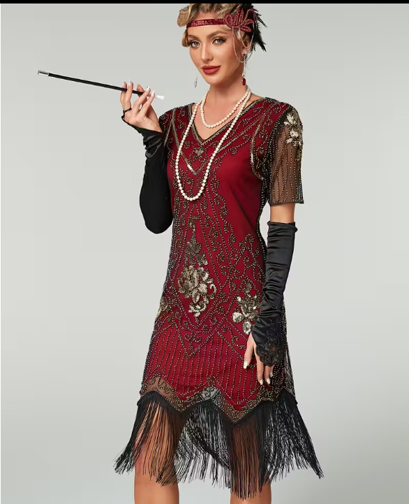 FLAPPER 1920s DRESS-1920s Sequin, Beade Gatsby Party Tassel Short Sleeve Dress