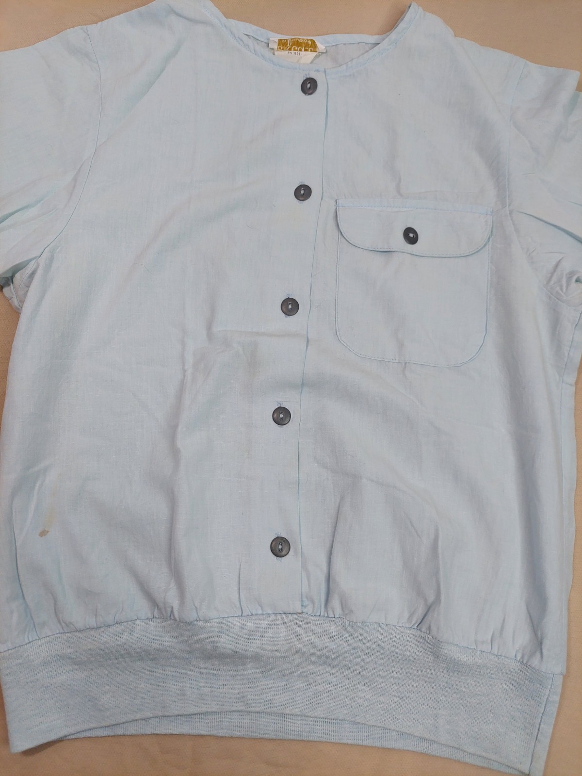 Vintage 80s Blue Blouson Blouse Buttons Banded Hem Dolman Sleeve Minimalist M