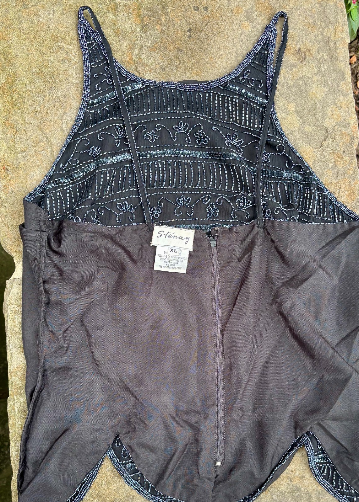 vtg BLACK silk BEADED fitted TOP CAMISOLE scallop by STENAY size XL seed & bugle