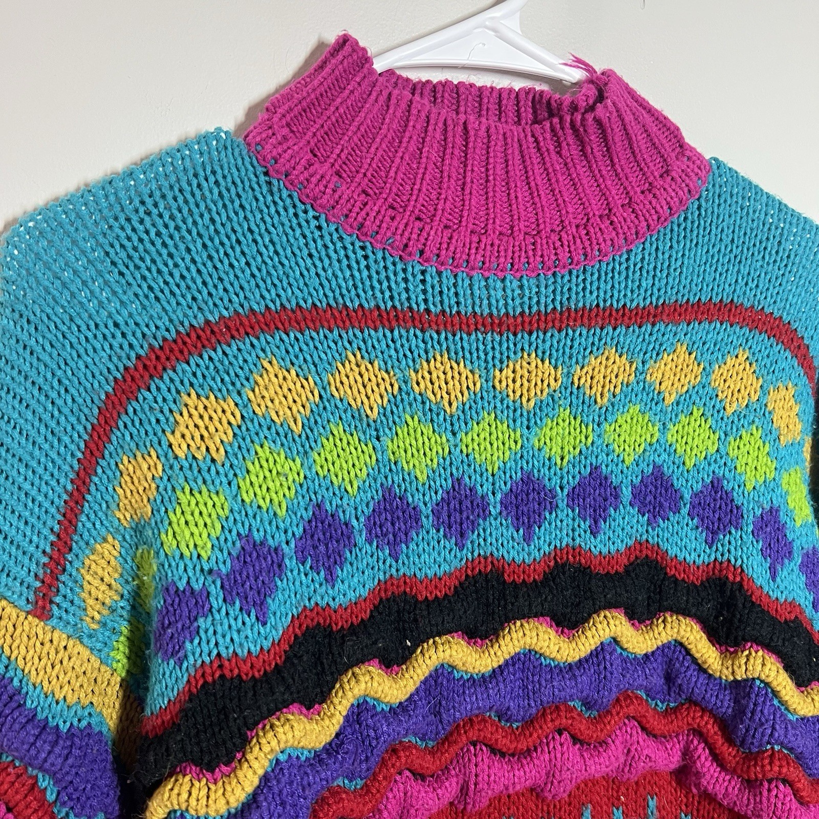 Vtg IVY Multi-color 3D Coogi Style Cable Knit Sweater Acrylic Size M Cosby Mock