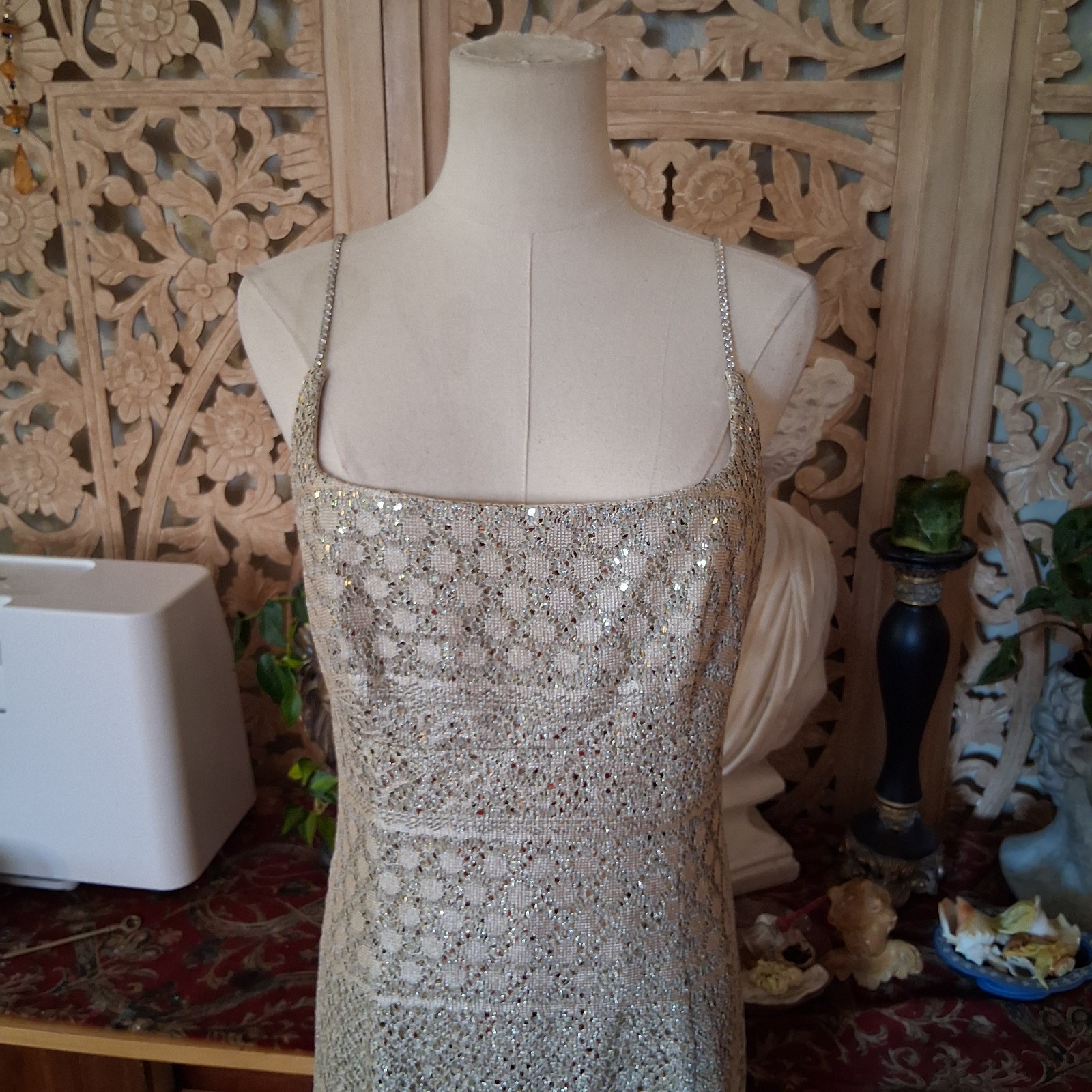 Vintage 1990s Crochet Metallic Sequin Empire Waist Rhinestone Deadstock Dress