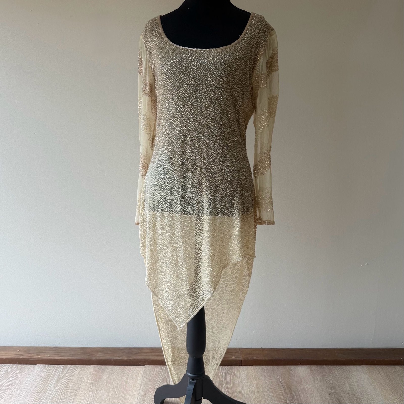 Vintage Fully Beaded Sequined Cream Asymmetrical Shirt Dress Sheer