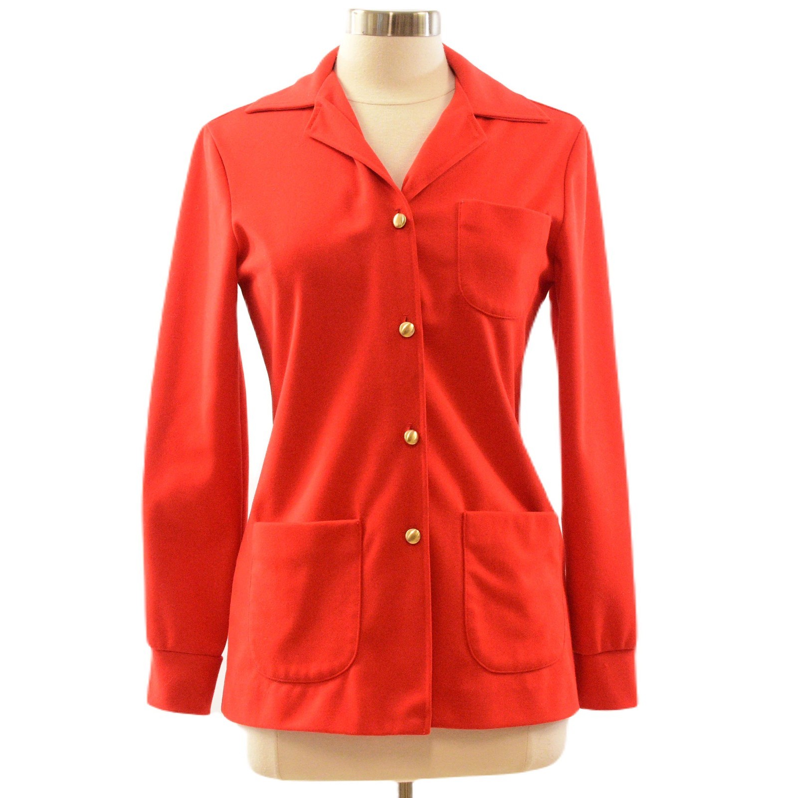 70s Vintage Red Double Knit Shirt Jacket Womens S Gold Button Mod Leisure Top