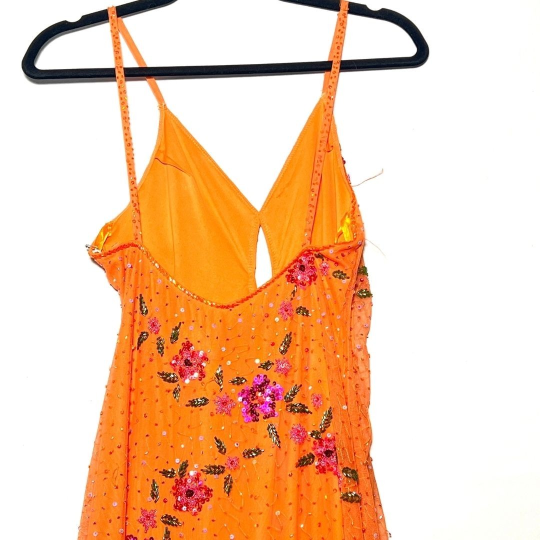 Vtg Y2k Womens Orange Sequin Ruffle Balletcore Fairy Prom Dress Sz S FLAW