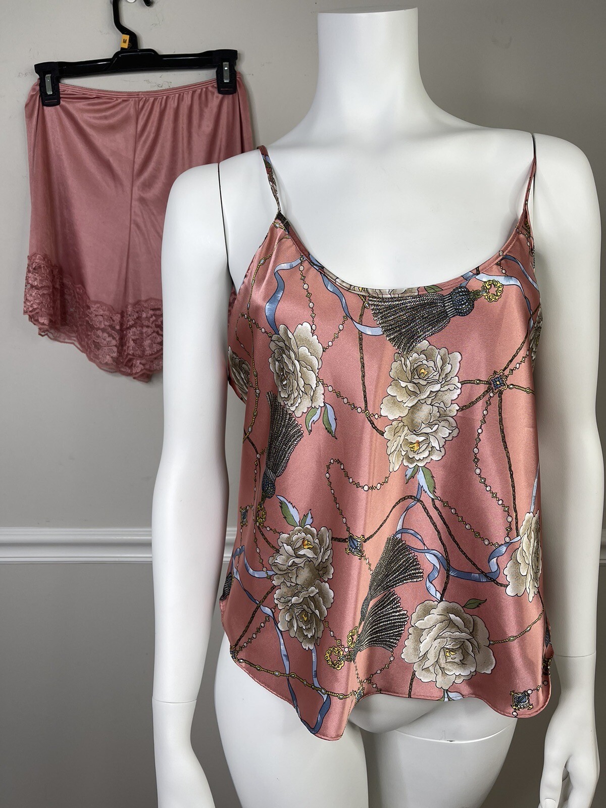 Vintage Petra Fashions Glossy Satin Lace large Teddy Top Shorts Set Lingerie