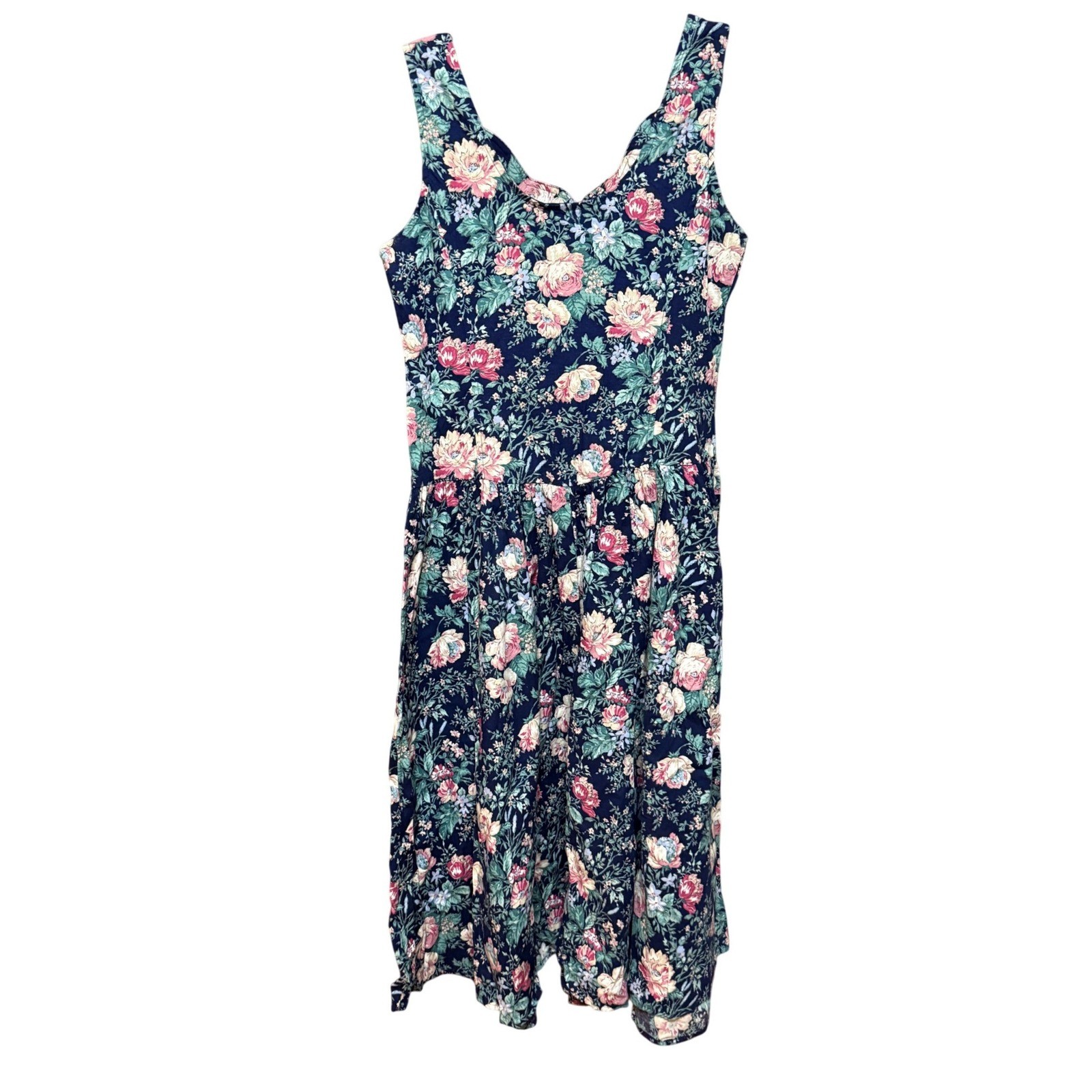 Vintage 90s Floral Cottage Retro Midi Dress Navy Blue Rose Print Size 11/12