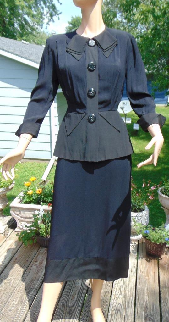 VTG 40s Julette Originals 2 tone Black Rayon Crepe & Faille Skirt & Top 26W
