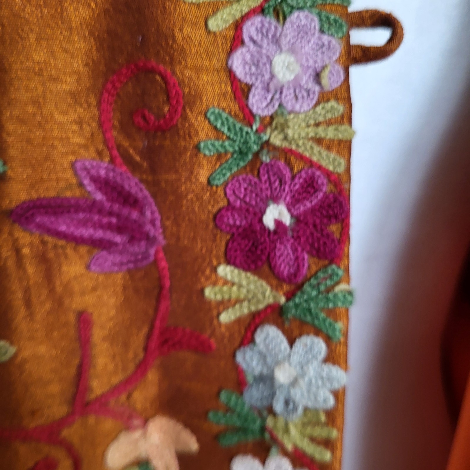 Vintage Long Kashmiri Aari Crewel Embroidered Copper Silk Jacket Floral Size L