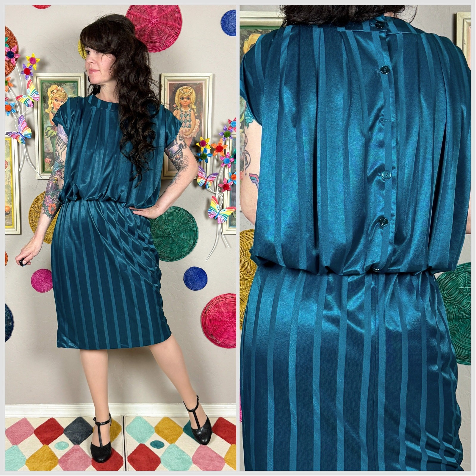 Vintage 1970s Dark Teal Striped Sleeveless Blouson Disco Dress | Small/Medium