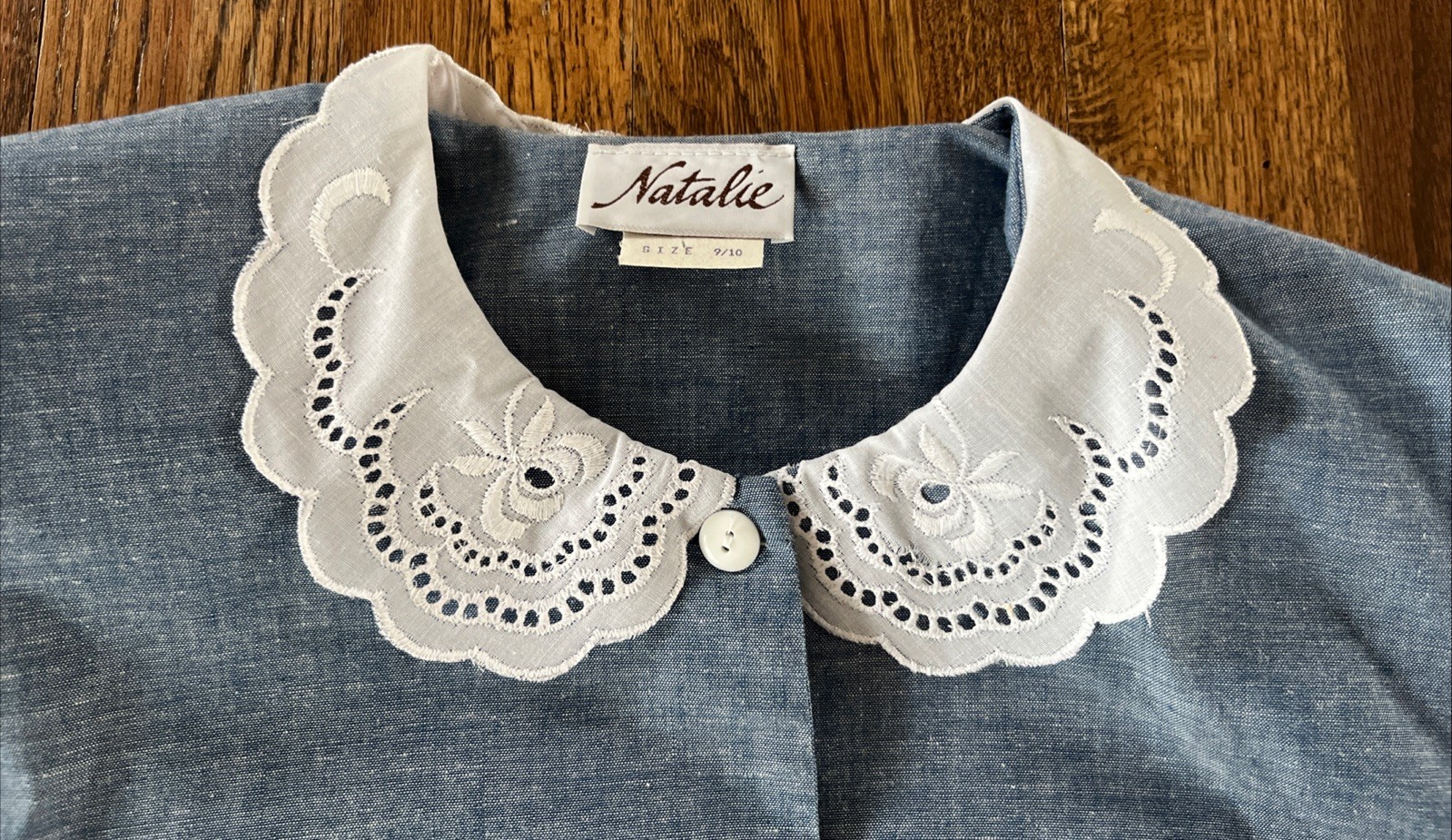 Vintage Light Blue Denim Chambray Modest Cottagecore Dress w/Lace Collar Sz 9/10