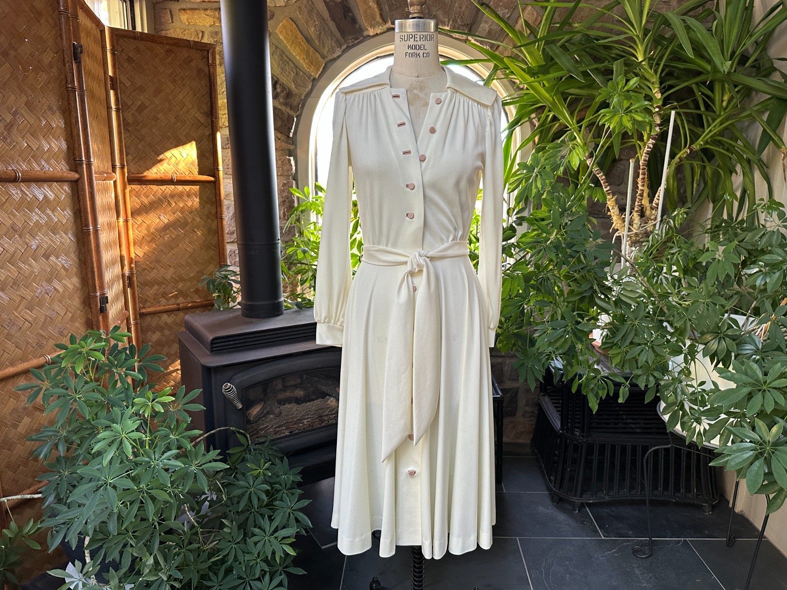 Vintage 1970s Ivory and Beige Button Front Knit Dress Alison Ayers by E Eysen