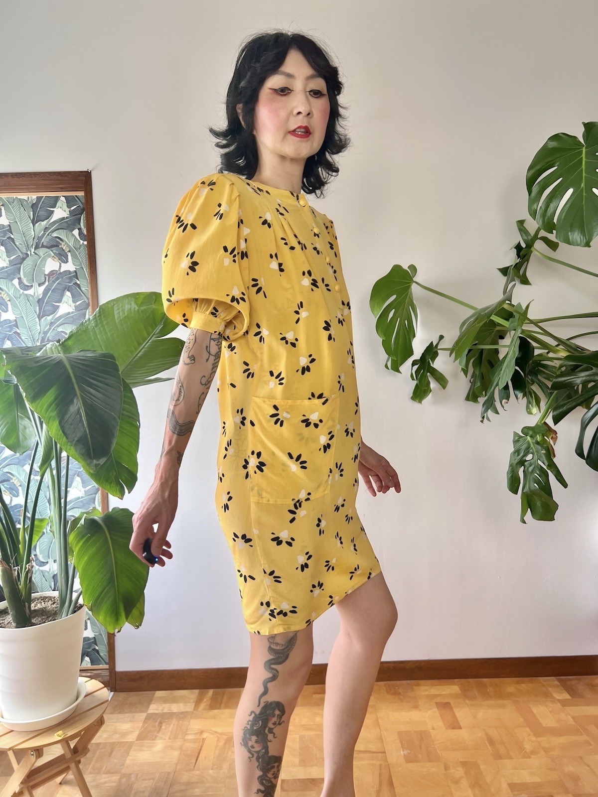 Vintage 80s Ungaro Solo Donna Italy Silk Puff Sleeve Mini Dress Yellow XS-M