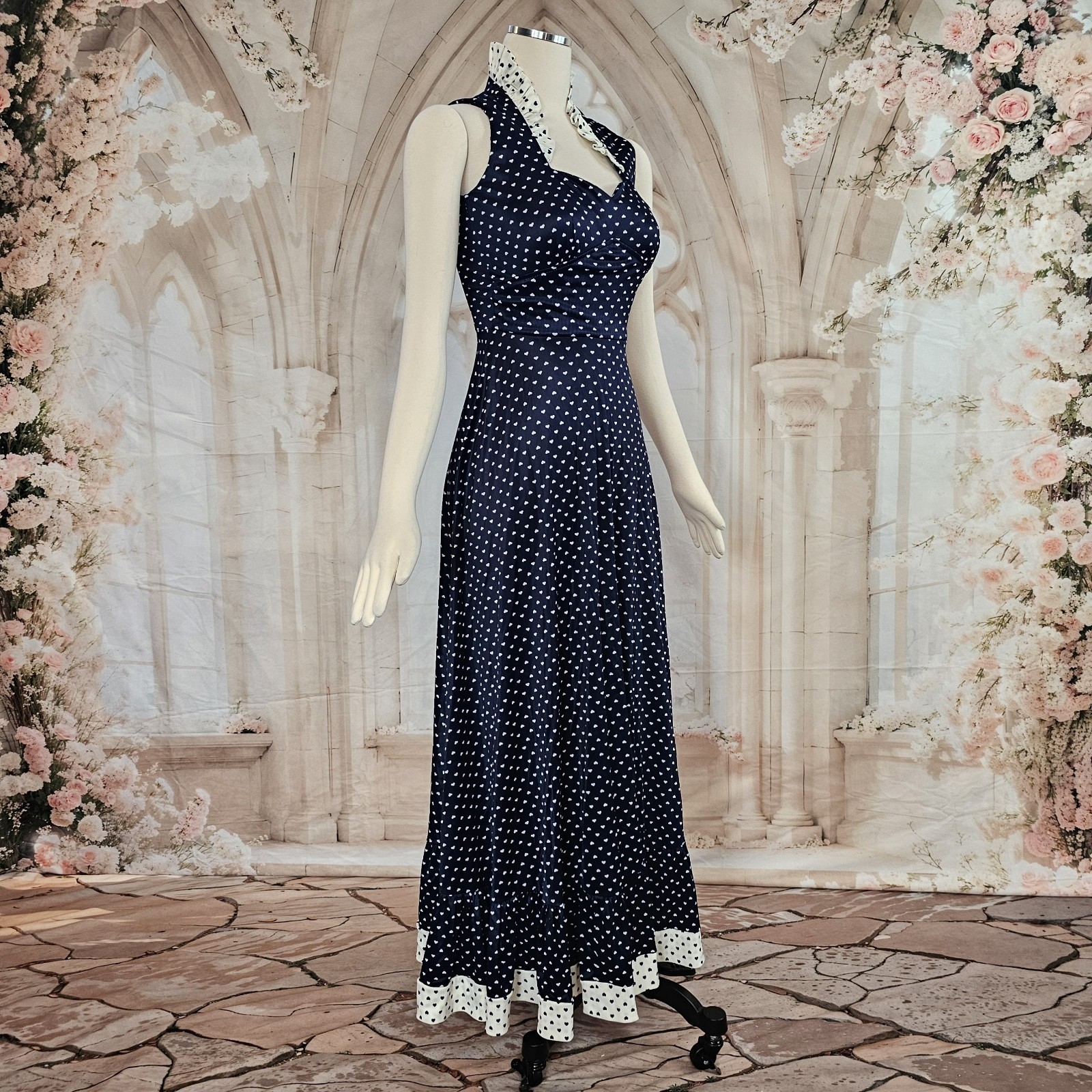 Vintage 1970s Dress Navy Blue White Hearts Ruffle Sweetheart Neckline Maxi