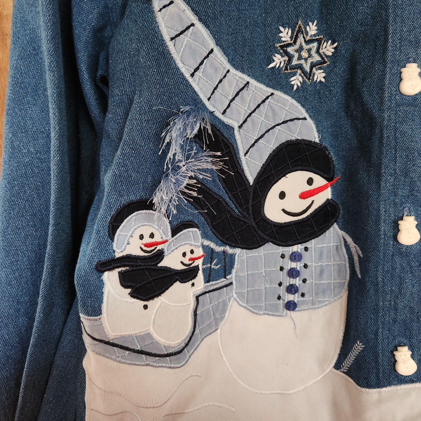 Vtg Denim Snowman Jacket Shacket Winter Kitschy Grandmacore Quirky Art Teacher