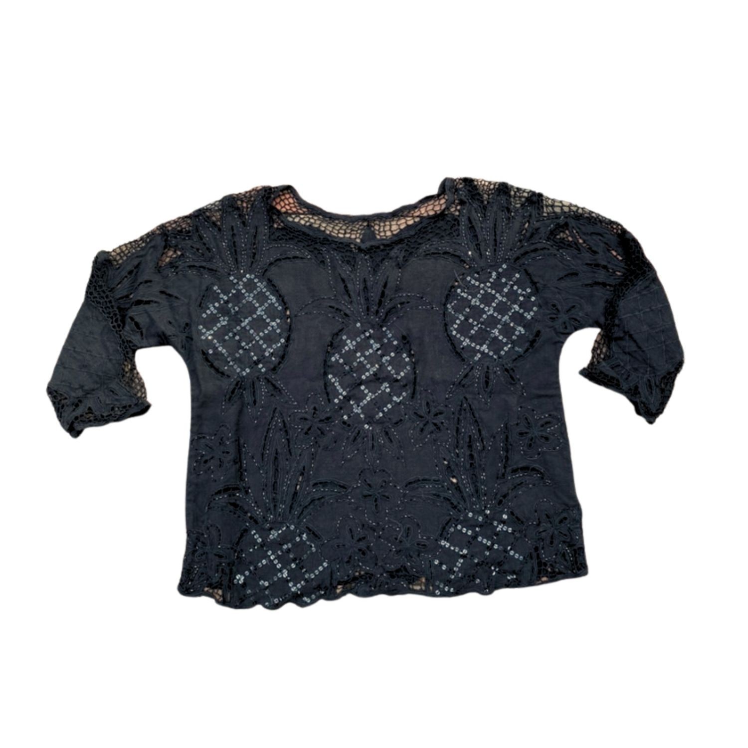 Vintage 1980&rsquo;s Black Crochet Beaded Top Pineapple Long Sleeve Shirt Medium Sheer