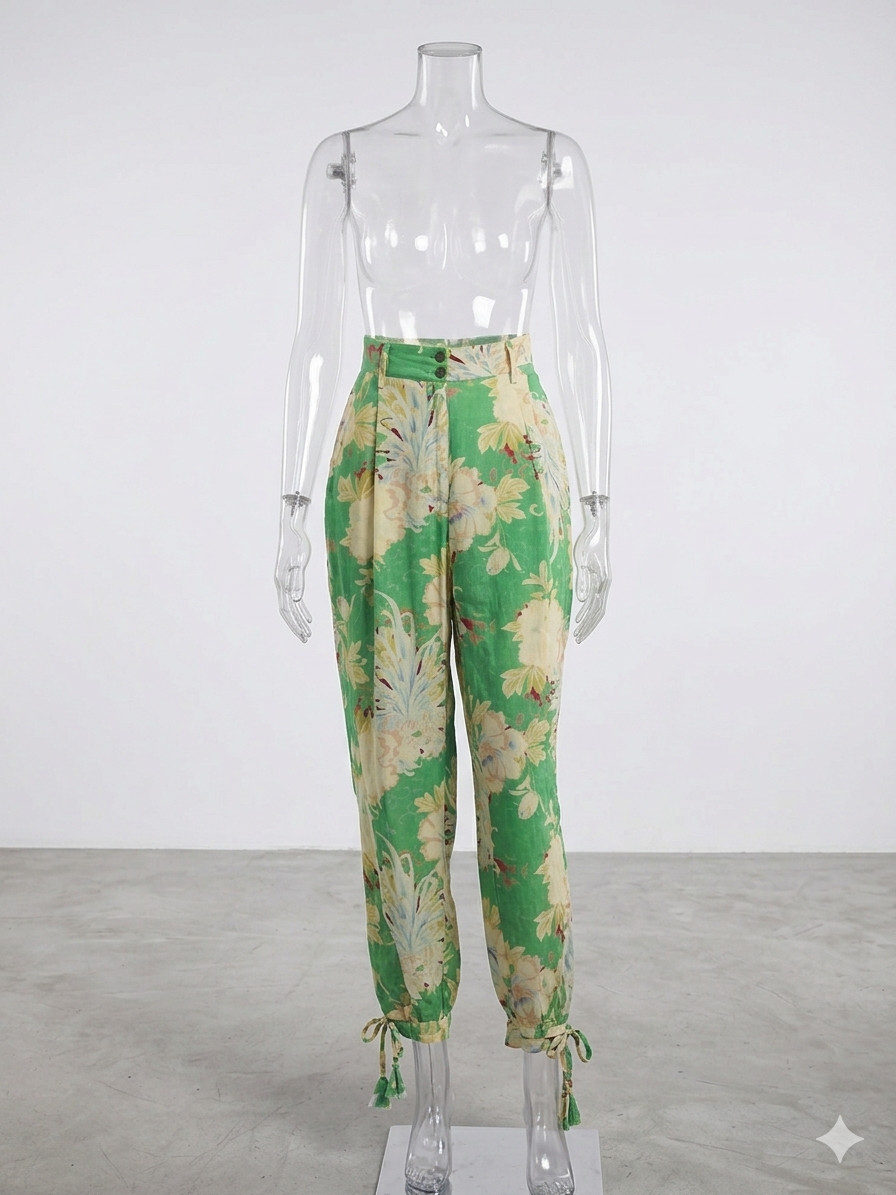 Vintage 2000s Marithé François Girbaud Floral Pants, Green Wide Leg Trousers, Ma