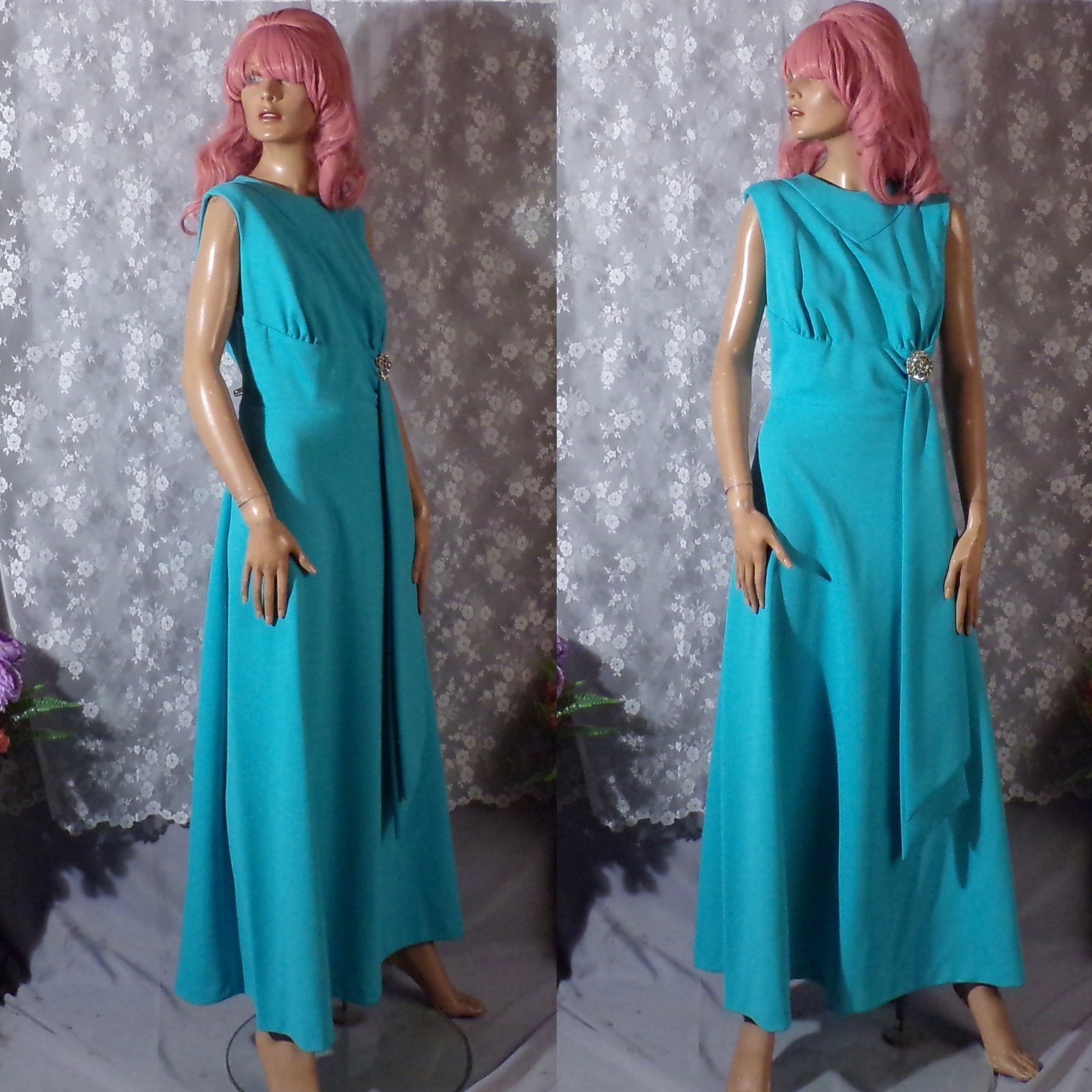 Vintage 60s Blue Maxi Dress Size Medium 1960s Retro Mod Aqua Glam Long Gown