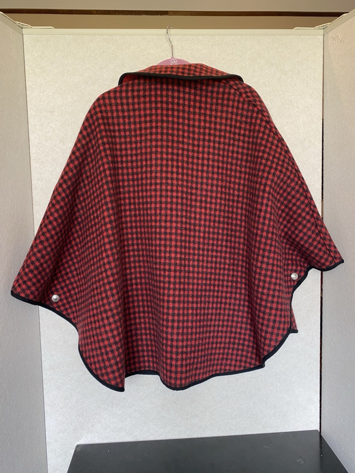 Vintage Wool Cape Red Black Reversible Solid Tartan Plaid Cloak Austrian Buttons