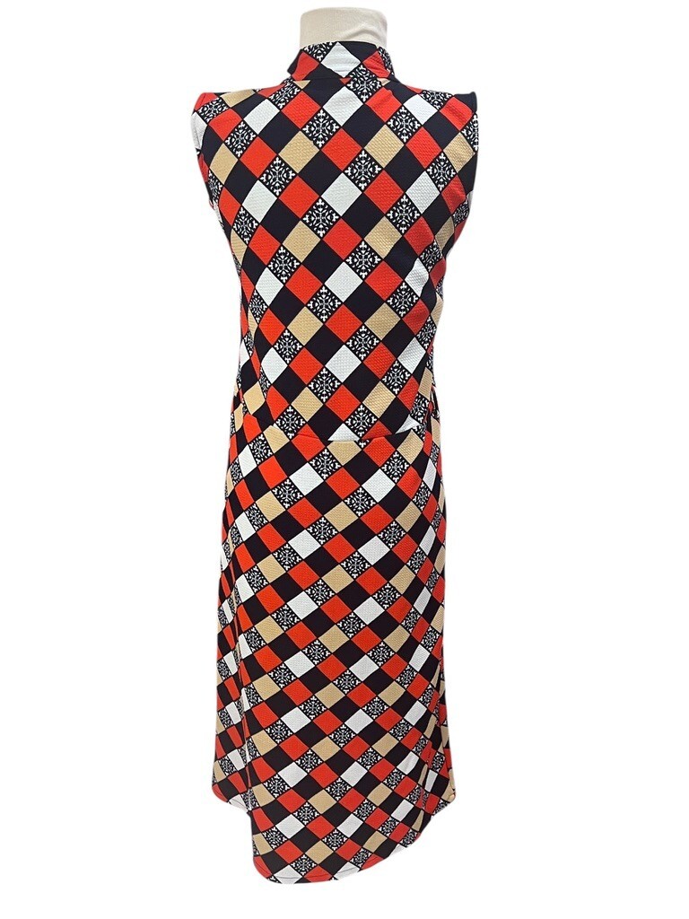 Vtg 70s Blue Orange White Motif Diamond Print Sleeveless Maxi Dress Groovy Cat