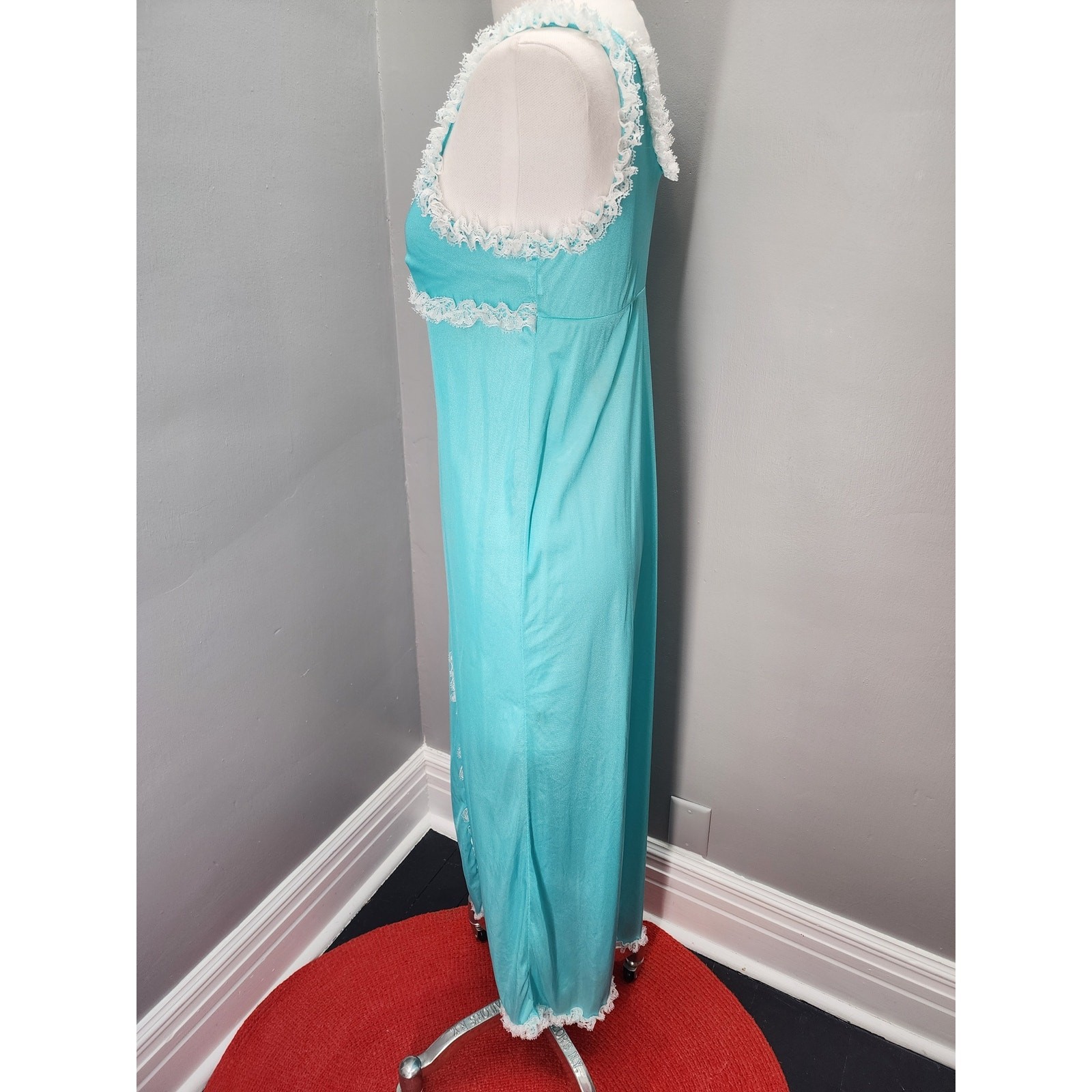 80s Robin Egg Blue Nylon Lace Column Gown Made in USA – M