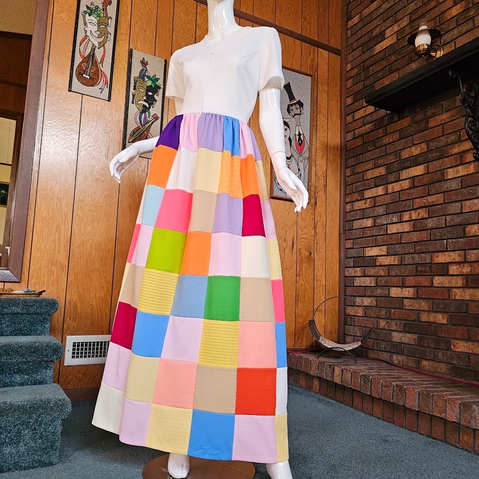 Vtg 70s Hippie Patchwork Rainbow Quilted Skirt Homespun Maxi Zip Front Dress S/M