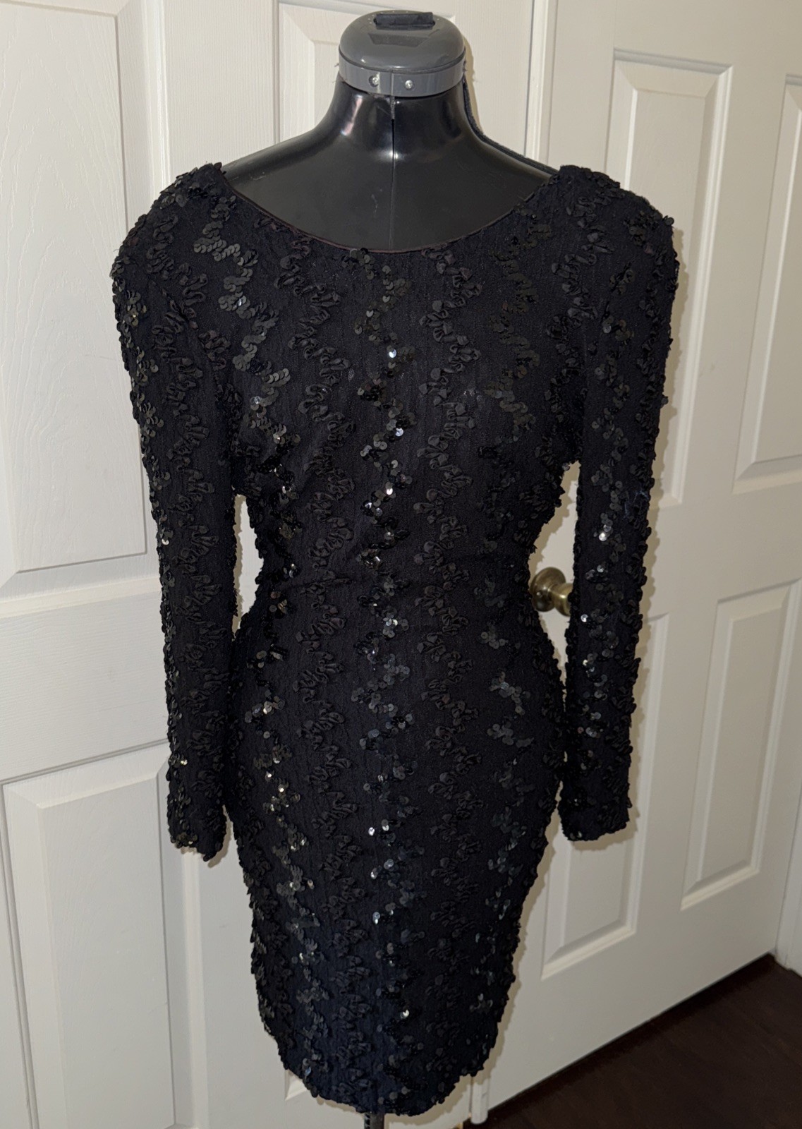 Vintage A La Carte California Stretch Body Con Ribbon Lace Sequin Black Dress S