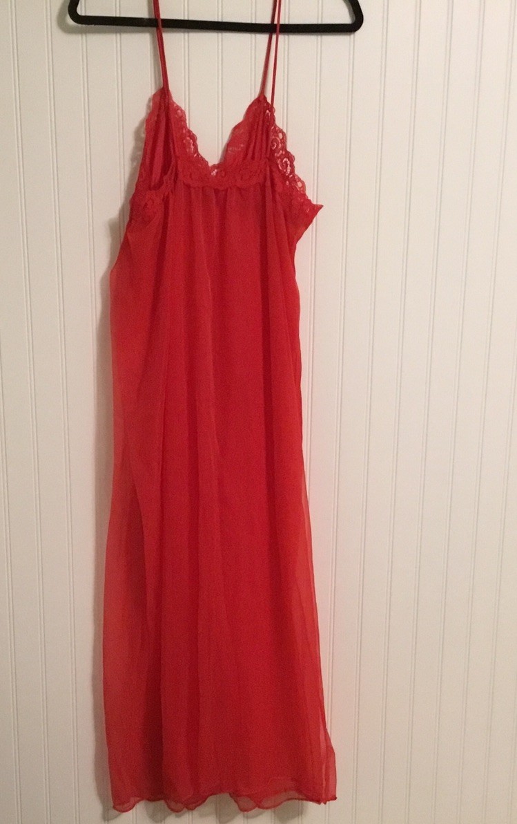 Vintage J.C. Penney Size Large Red Sleeveless Nightgown Nylon Sheer Lace Accents