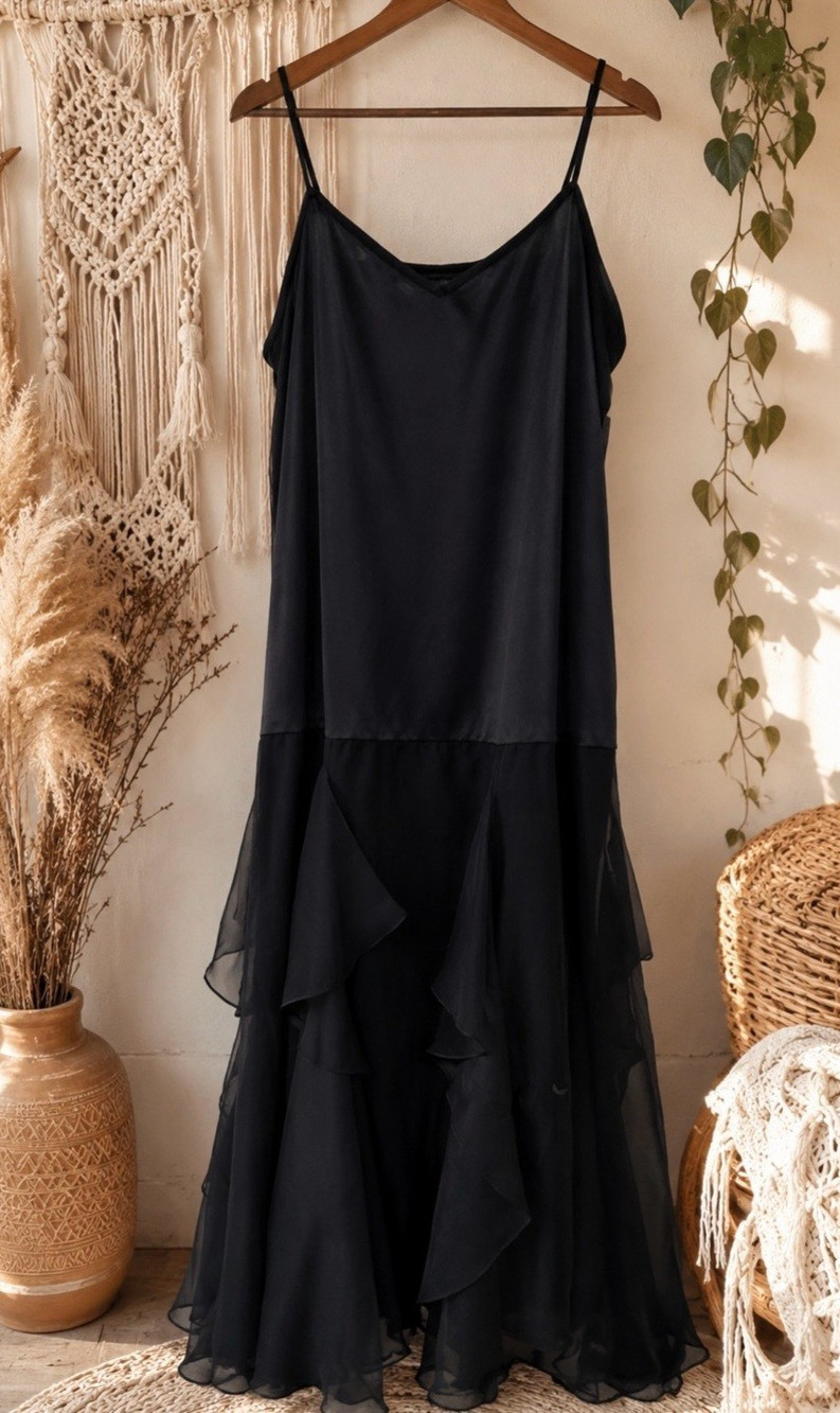 Vintage Lillie Rubin Black Chiffon Ruffle Maxi Dress ILGWU 90s ART DECO GOTH XS