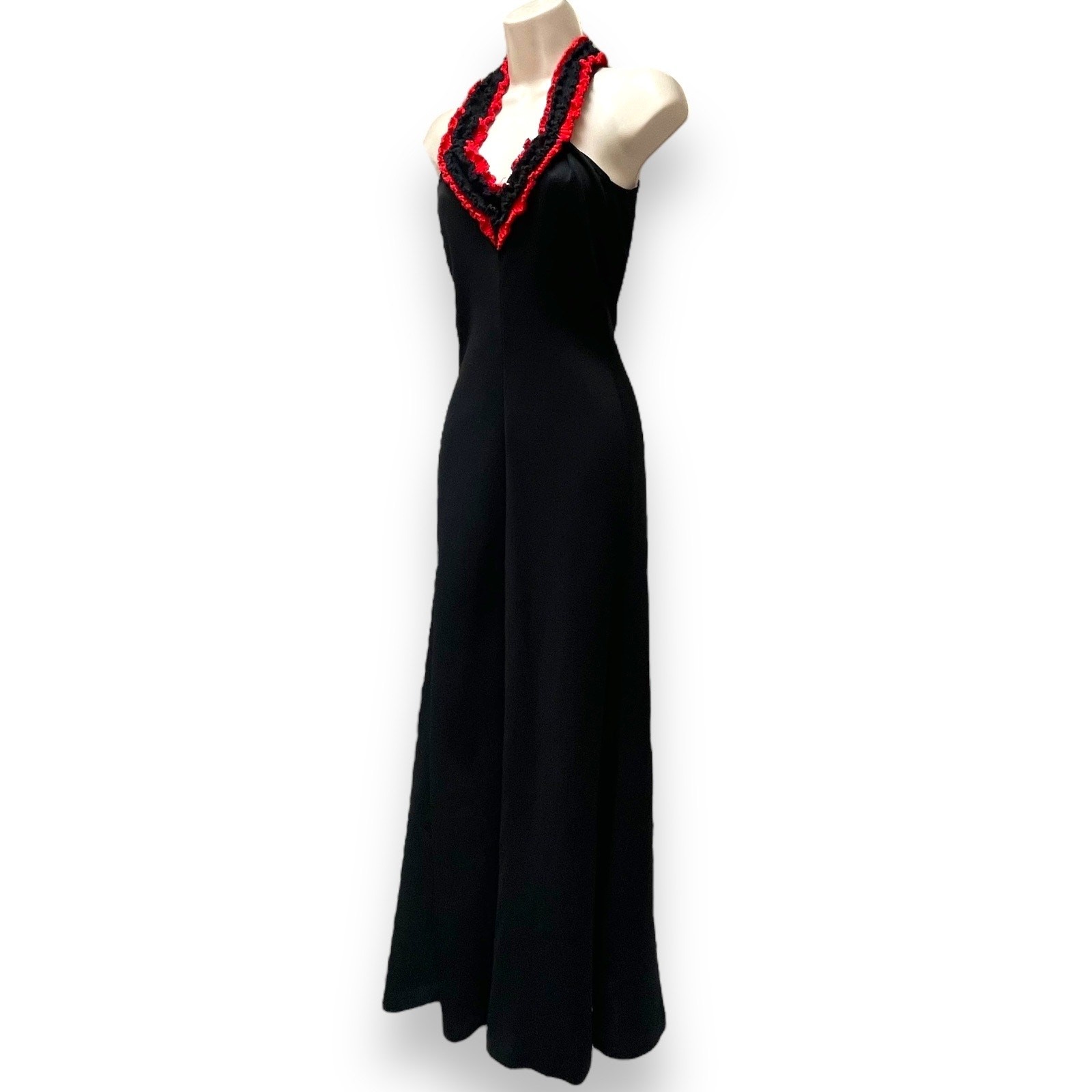 Vintage 70s Black & Red Ruffle Backless Knit Bellbottom Jumpsuit Studio 54 Disco