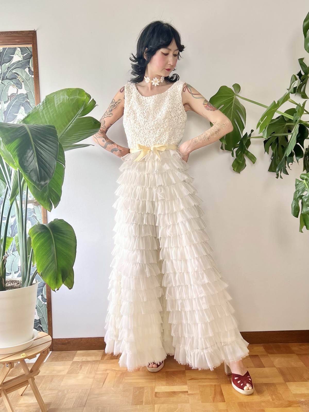 VTG 60s Kadine Lace Palazzo Jumpsuit White Tiered Chiffon Ruffle Mod Bridal S