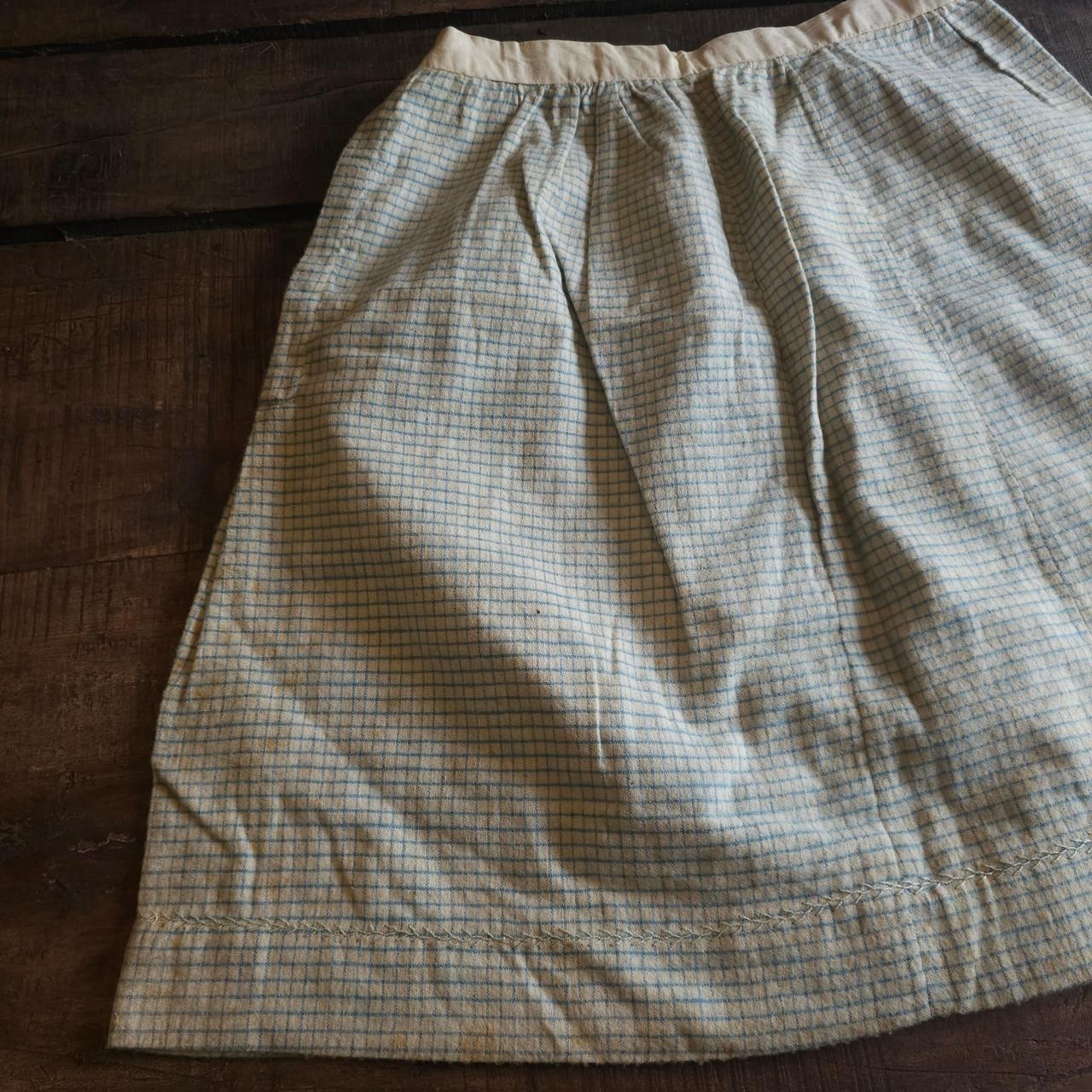 Homespun Wool Creme & Blue Grid Pattern Antique Edwardian 1910s 1920s Skirt