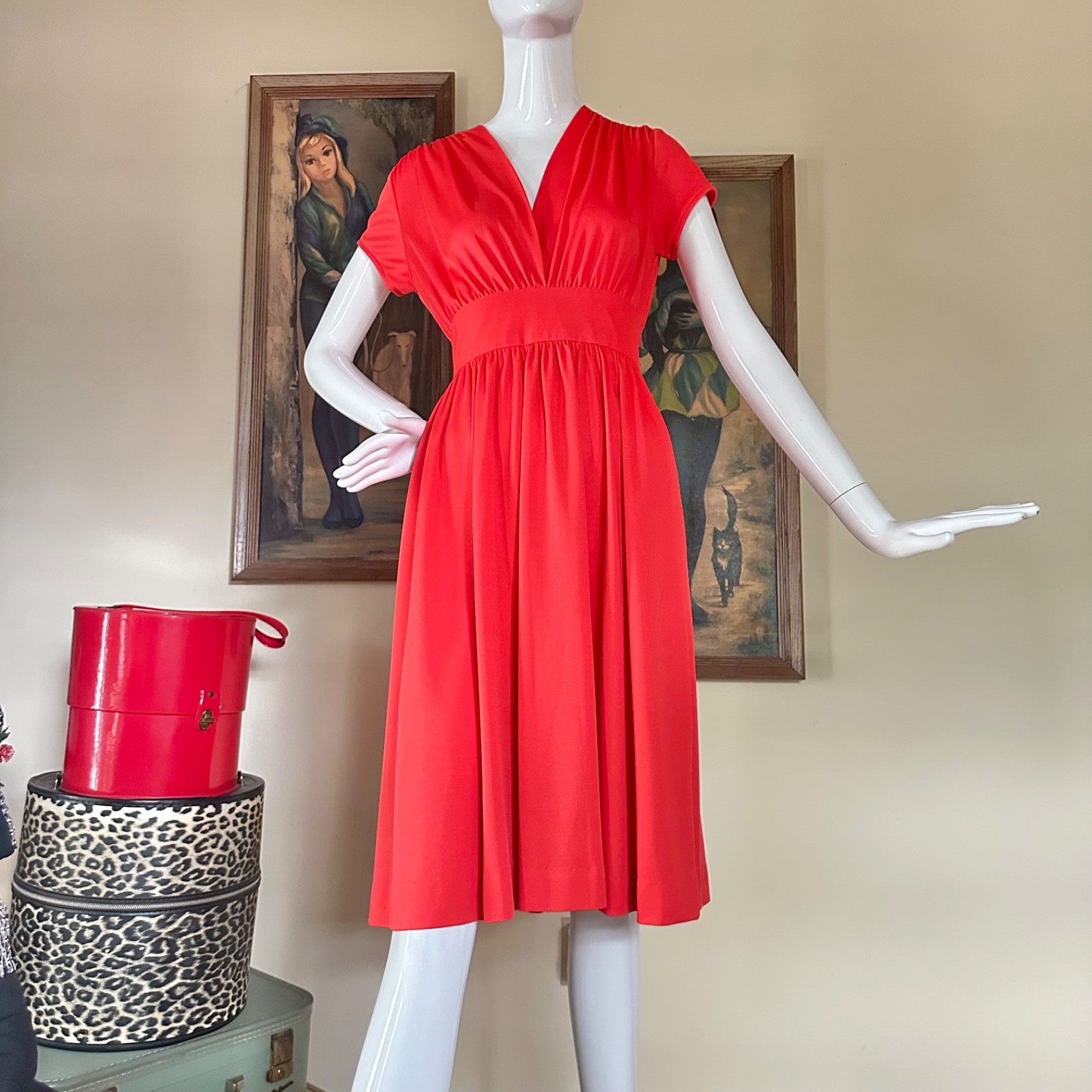 Vintage 1970s Cherry Tomato Disco Goddess Jersey Dress Studio 54 Full Skirt by M